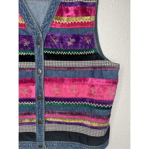 Vtg 90's Y2K Susan Bristol Denim Button Down Colorful Artsy Floral Vest Indie XL - Picture 2 of 9